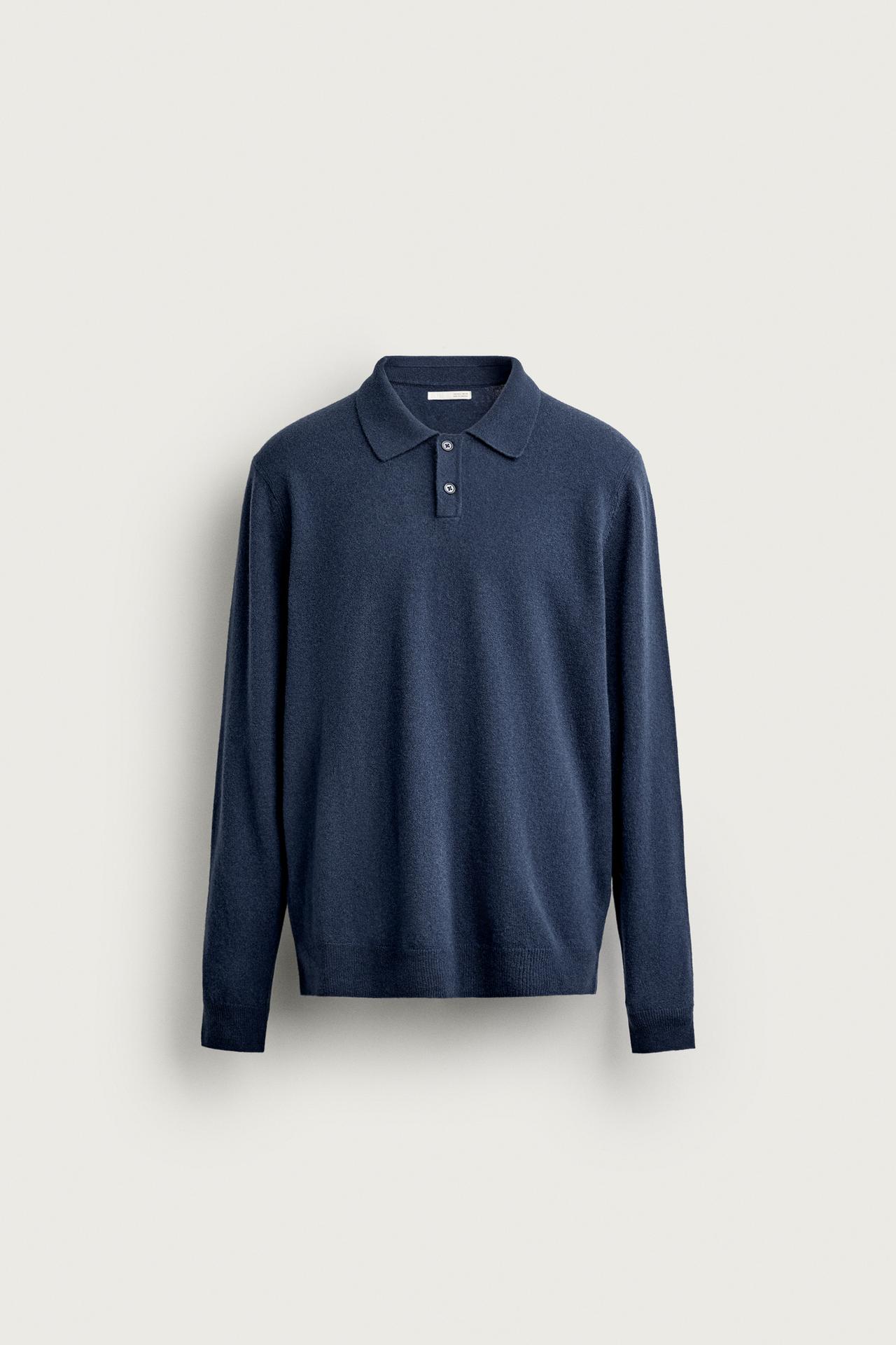 WOOL BLEND REGULAR FIT KNIT POLO — Mid-blue