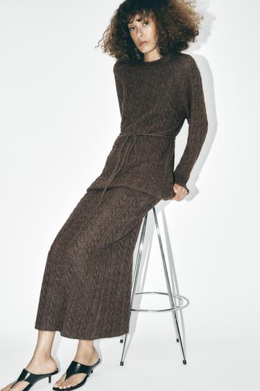 CABLE KNIT MIDI SKIRT WITH WOOL - Brown by Zara