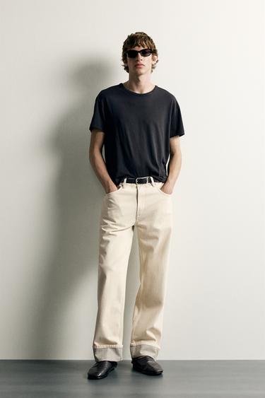 Zara Contrast Cuff Straight Fit Jeans - Ecru - Image 0