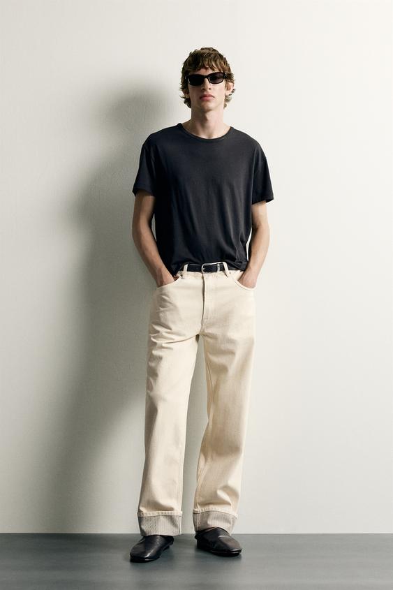 CONTRAST TURN-UP STRAIGHT-LEG JEANS - Ecru de Zara - Imagen 0