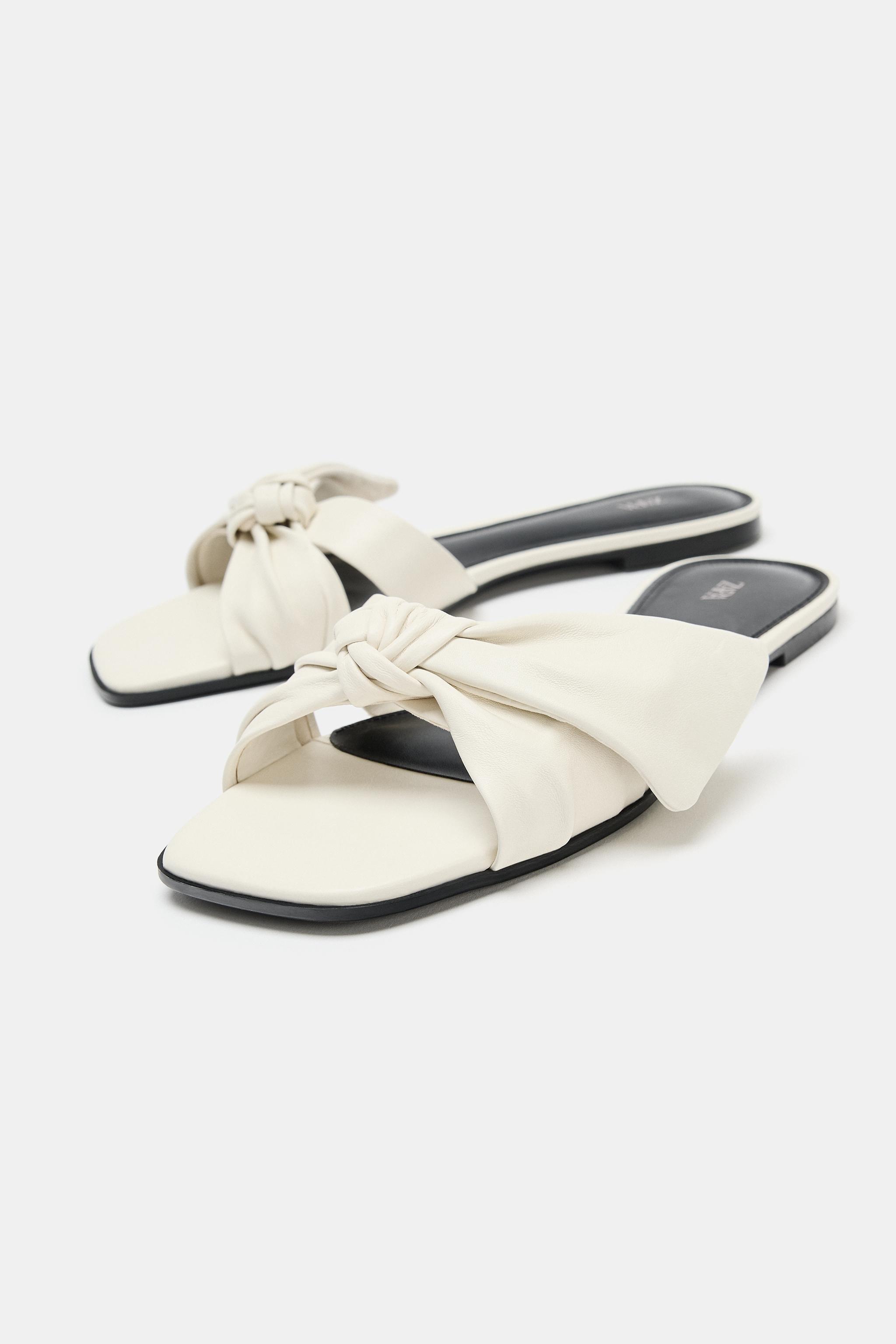 Женские сандалии Zara LEATHER BOW FLAT SANDALS — фото 4