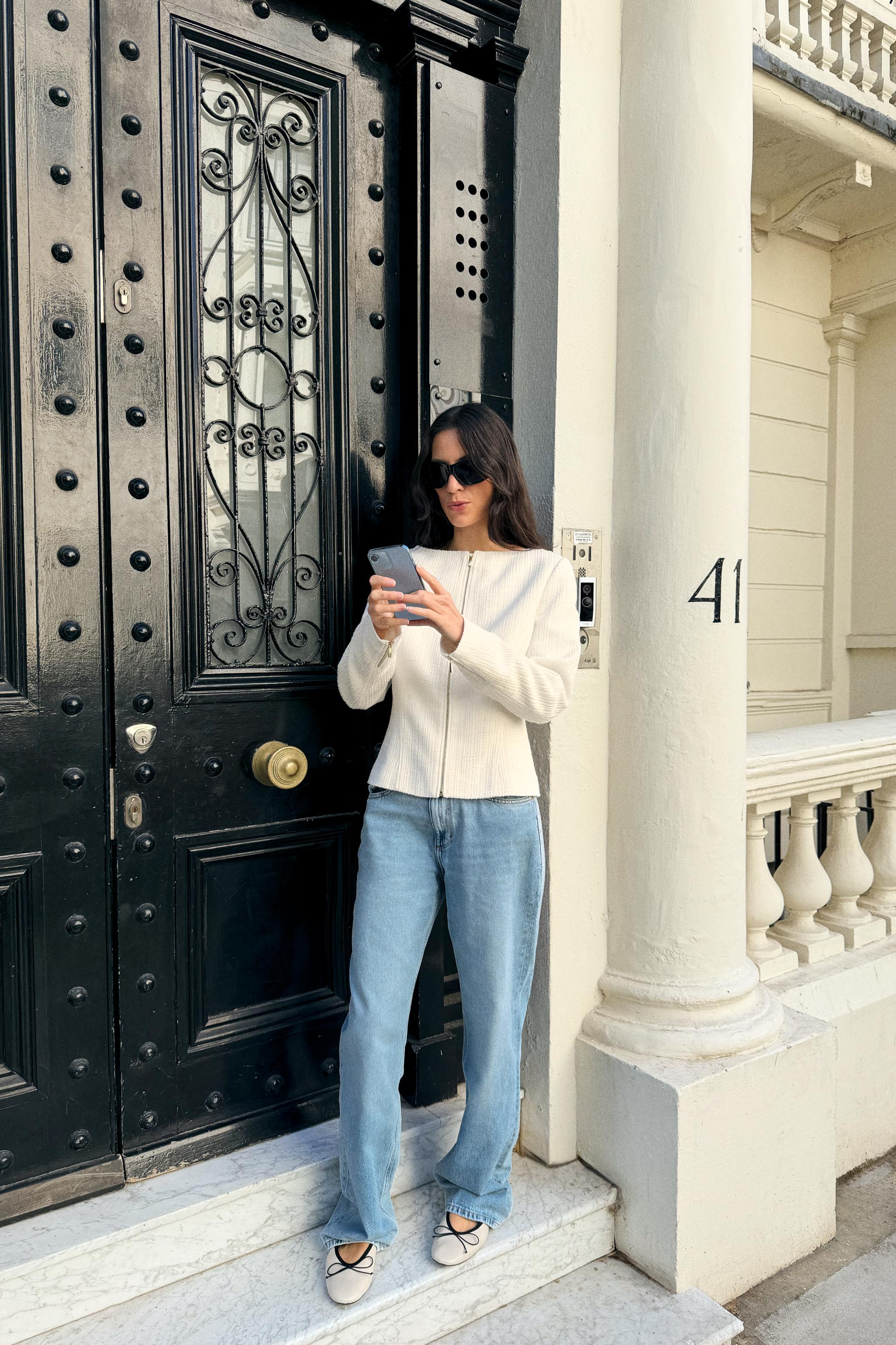 TEXTURED BOAT NECK JACKET — Ecru