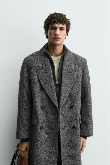 MANTEAU AVEC LAINE STRUCTURE CHEVRONS - Gris de Zara