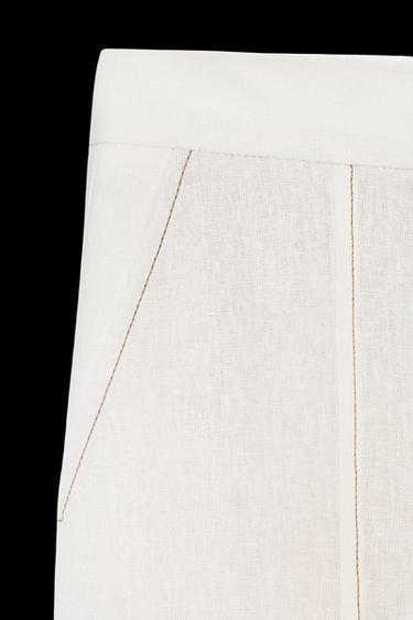 LINEN BLEND STRAIGHT-LEG TROUSERS WITH CONTRAST STITCHING - Ecru by Zara