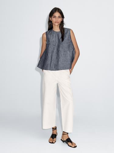 Blusa bolsillos algodón lino denim - Marino de Zara - Imagen 0