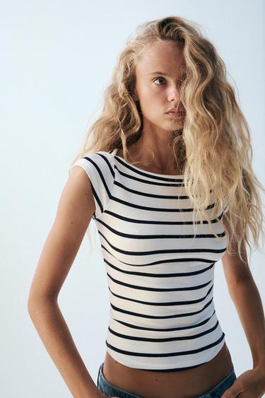 Zara BOAT NECK T-SHIRT - striped
