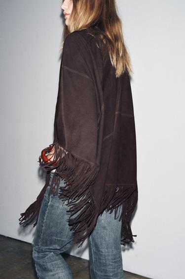 CAPE EN CUIR AVEC FRANGES - Marron de Zara - Image 2
