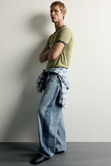 Zara LOOSE BALLOON FIT JEANS WITH CONTRASTING BANDS - Mid-blue