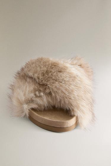 FAUX FUR CRISS-CROSS SANDALS - Beige by Zara