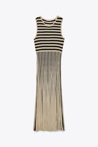 Zara STRIPED MIDI DRESS - Ecru / Black