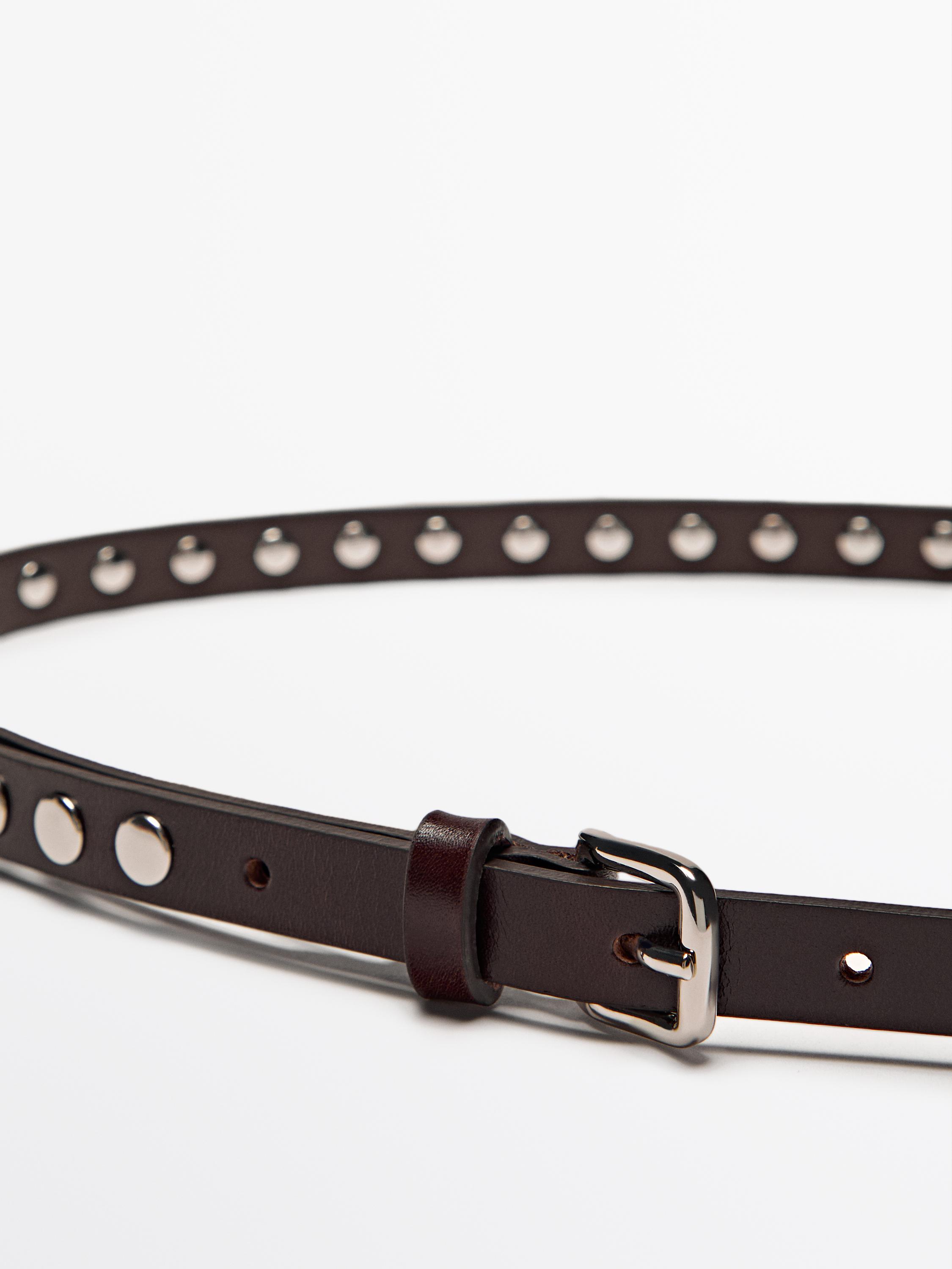 Thin nappa leather belt with studs - Brown | ZARA United States