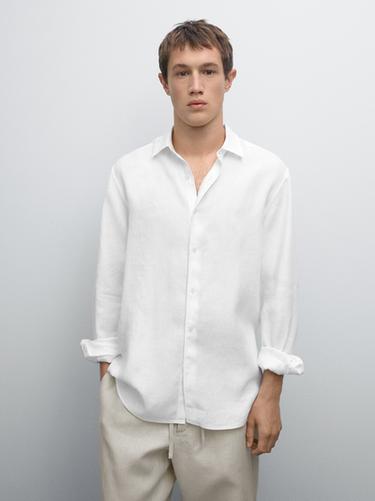 Camisa slim fit mezcla lino - Blanco de Zara