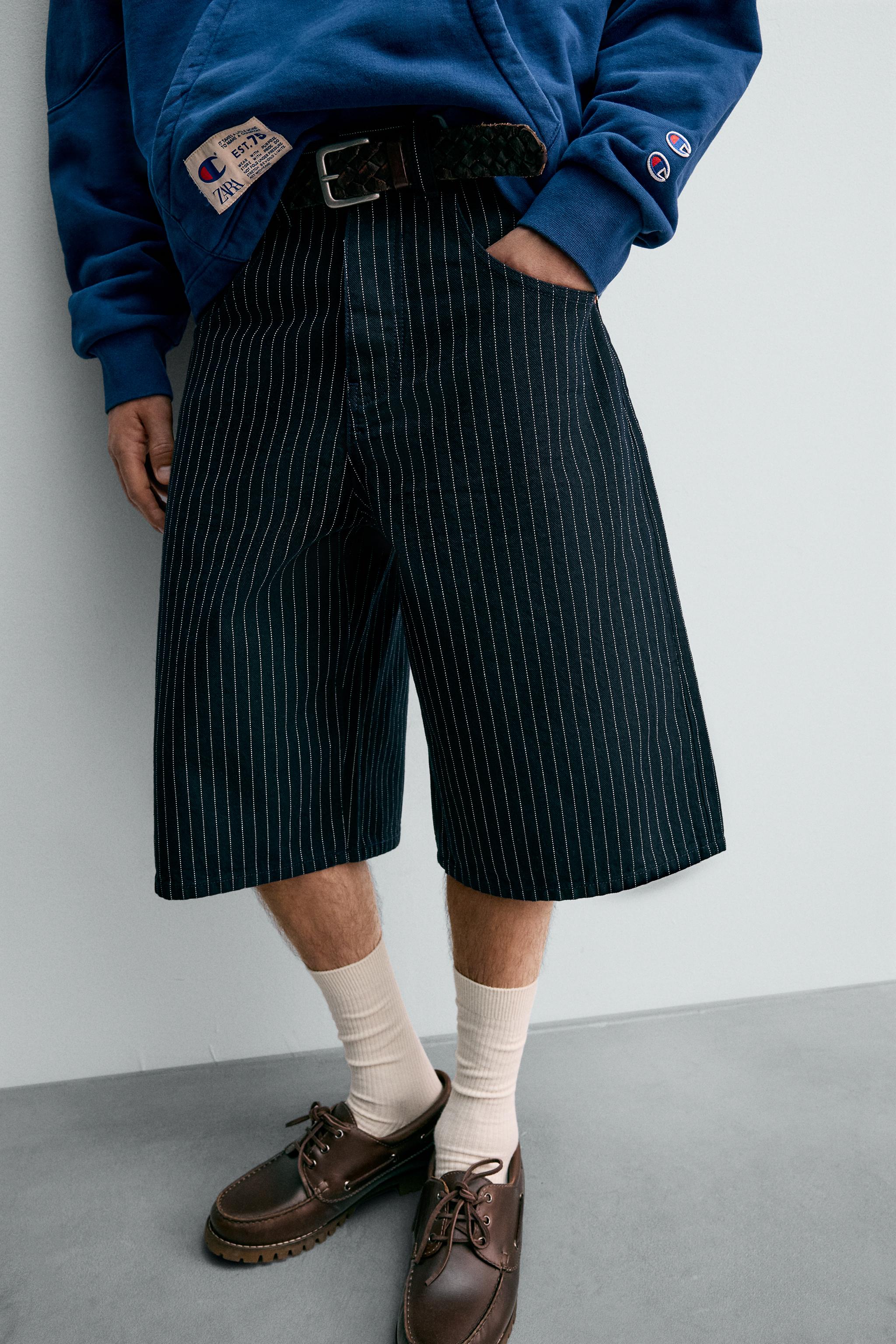 CHAMPION® X ZARA STRIPED BAGGY FIT SHORTS - Blue | ZARA