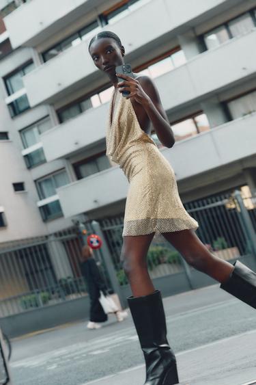 Zara SPARKLY HALTER DRESS - Golden