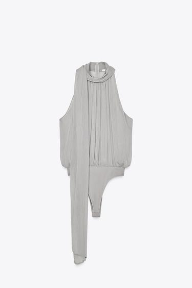 Zara TIED CHIFFON BODYSUIT - Pearl gray