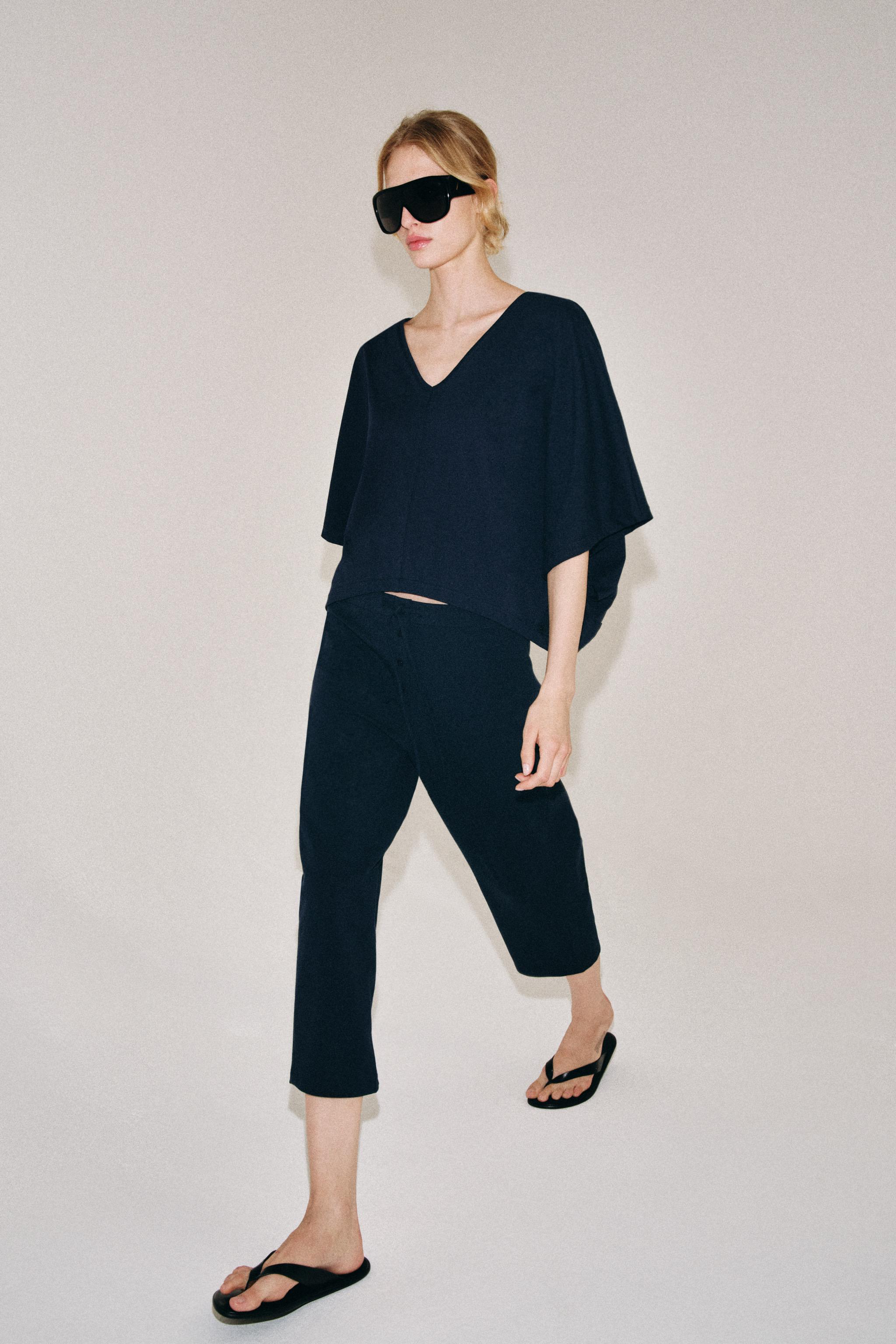 COTTON CAPE-STYLE T-SHIRT - Navy blue | ZARA Turkey