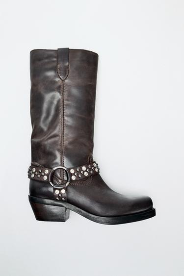Zara FLAT LEATHER BOOTS WITH APPLIQUES - Brown