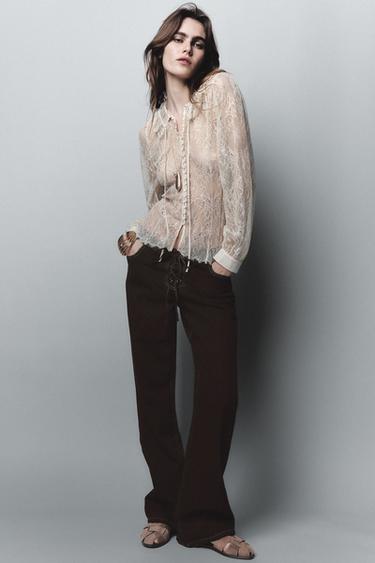 Z1975 HIGH-WAIST STRAIGHT JEANS WITH LACES - Brown by Zara