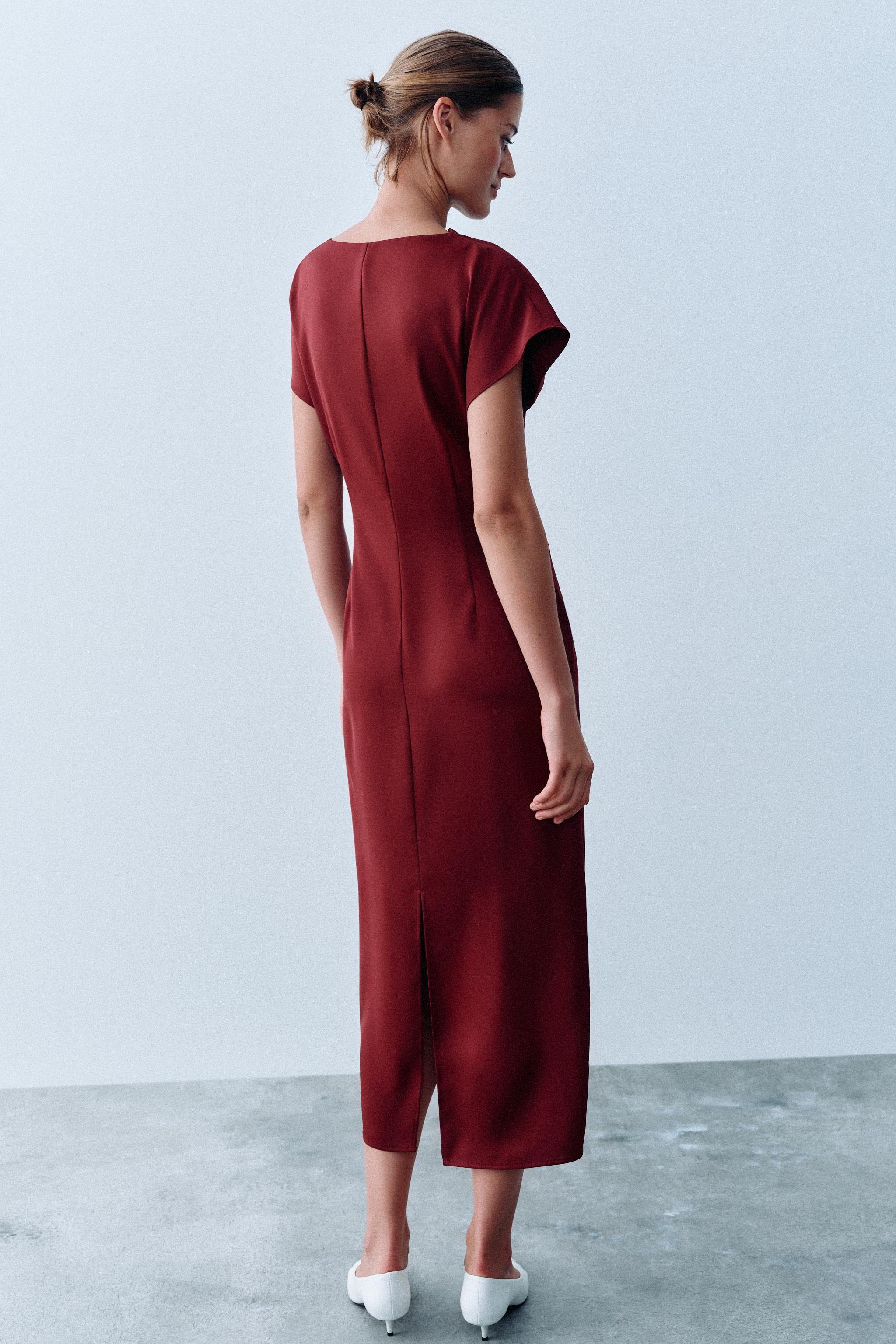 zara pleated midi dress burgundy DRAPED - Sleeve Dress Size:M Sexy Dress Dress Code Birthday Party Featuring gathered detail on