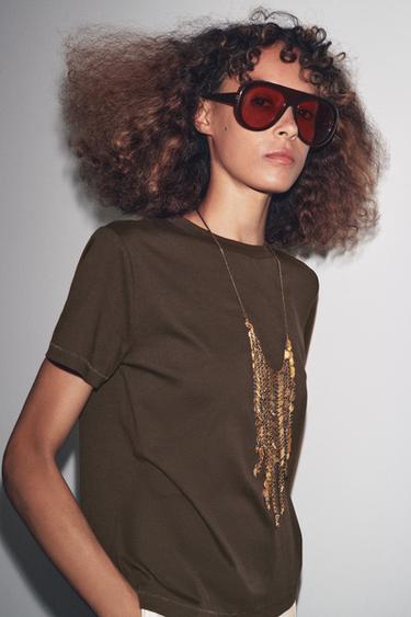 Zara MERCERIZED COTTON T-SHIRT - Brown
