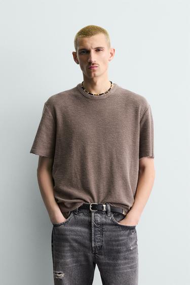 Zara WASHED KNIT T-SHIRT - Brown