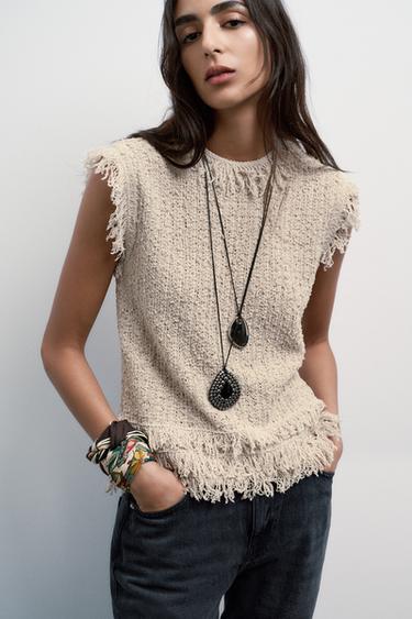 TEXTURED KNIT FRINGED TOP - Ecru by Zara - Image 3