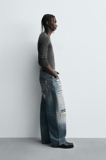 Zara RIPPED BALLOON FIT JEANS - Mid-blue