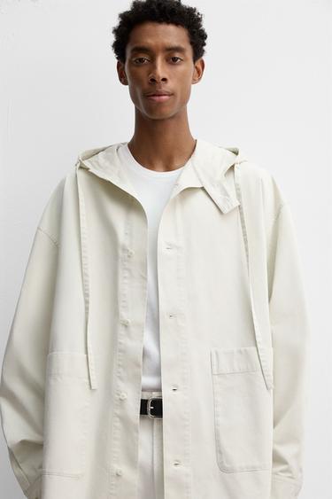 OVERSIZE FIT HOODED OVERSHIRT - White / Grey by Zara