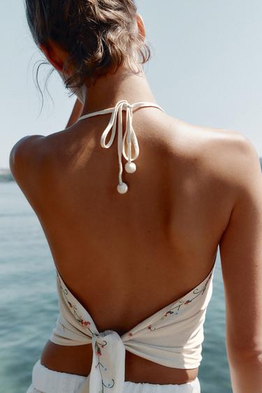FLORAL EMBROIDERED HALTER TOP - Ecru by Zara