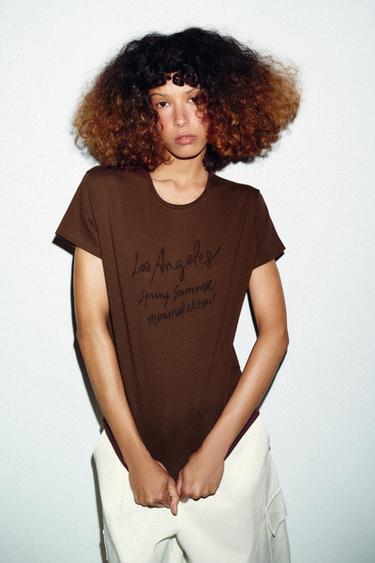SHORT SLEEVE SLOGAN T-SHIRT - Brown by Zara - Image 1