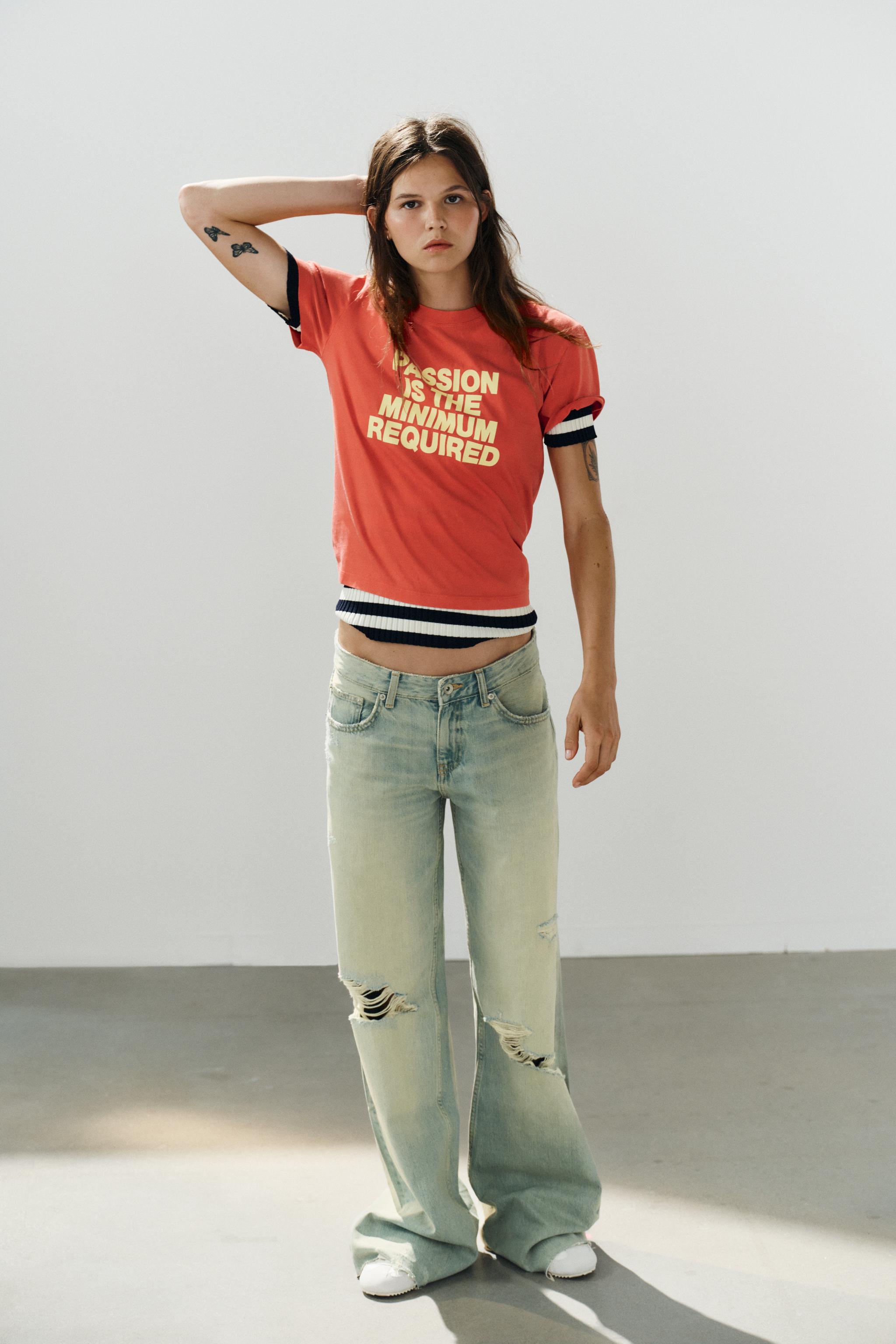 WASHED EFFECT TEXT T-SHIRT — Red