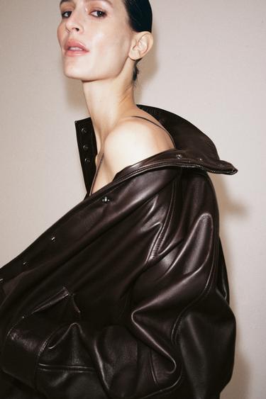 ZW COLLECTION 100% КОЖЕН БОМБЕР - Кафеава од Zara