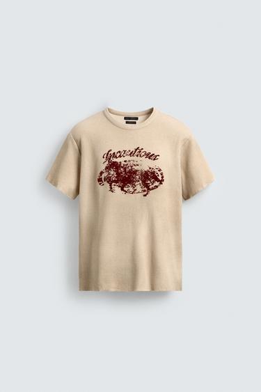 TEXTURED PRINT KNIT T-SHIRT - Ecru by Zara