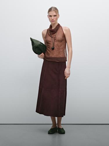 Jupe ample coutures cuir effet daim - Bordeaux de Zara - Image 0