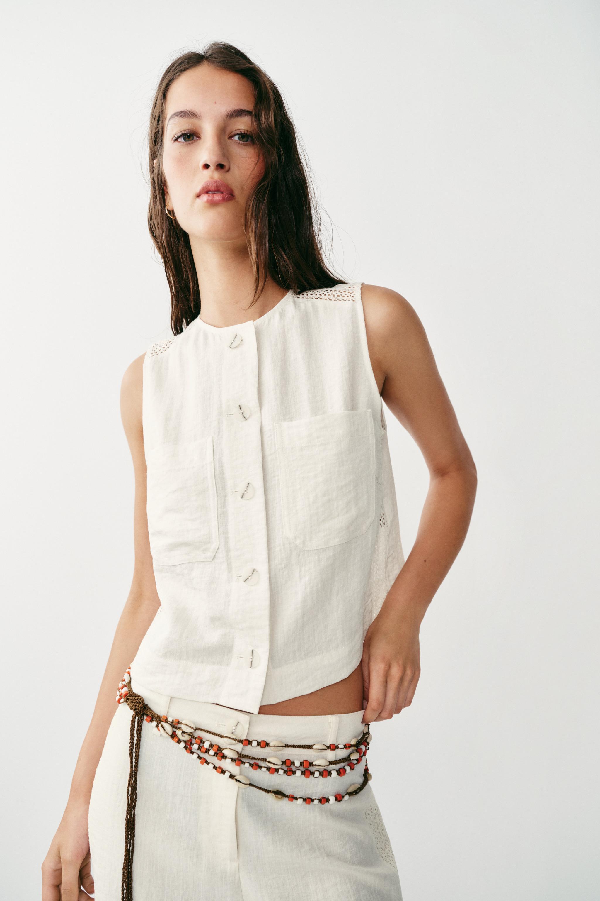 LACE INSERT TOP — Ecru