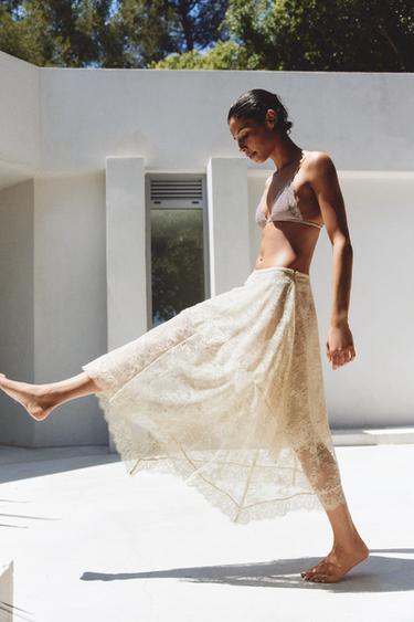 ASYMMETRIC LACE MIDI SKIRT - Ecru by Zara