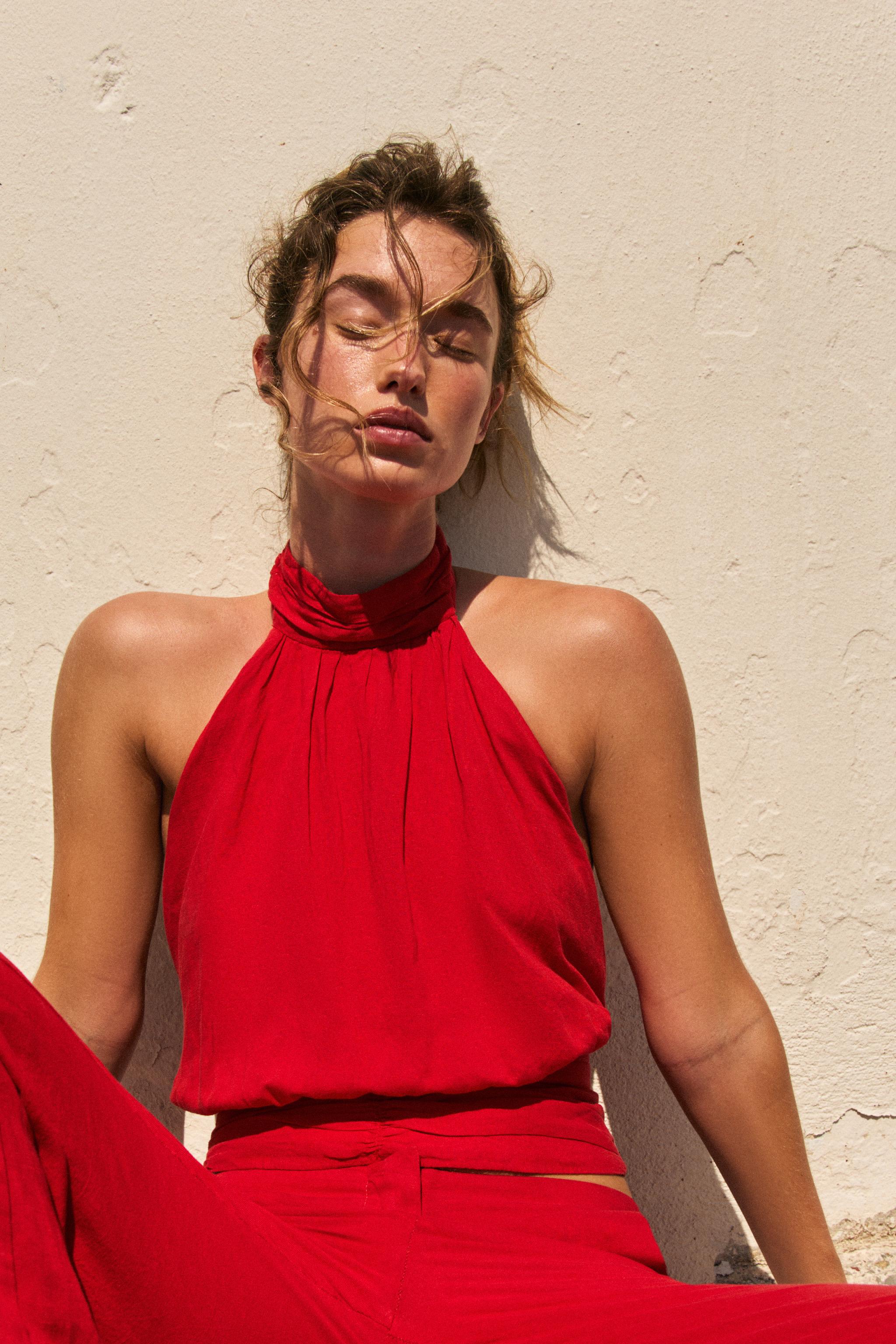 Женские рубашки Zara LINEN BACK TIE HALTER TOP — фото 6