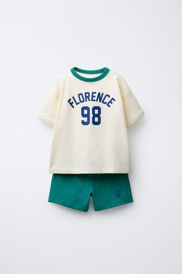 Zara SPORTY JOGGING T-SHIRT AND BERMUDA SET - Green / Ecru - Image 0