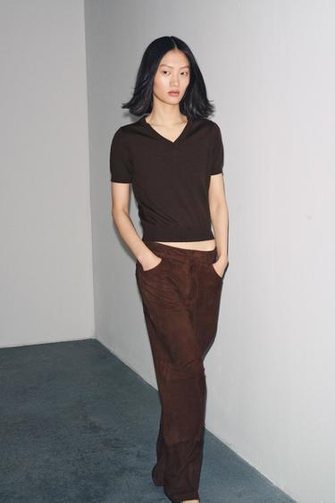100% WOOL SHORT SLEEVE TOP - Dark brown by Zara - Image 2
