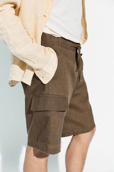 Zara 100% linen cargo Bermuda shorts - Khaki