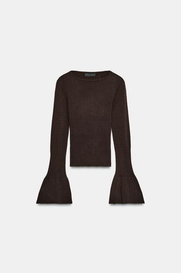 Zara FITTED KNIT FLARED SLEEVE JUMPER - Brown