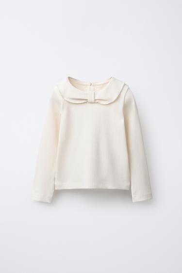 Zara RIBBED PETER PAN COLLAR T-SHIRT - Ecru - Image 0