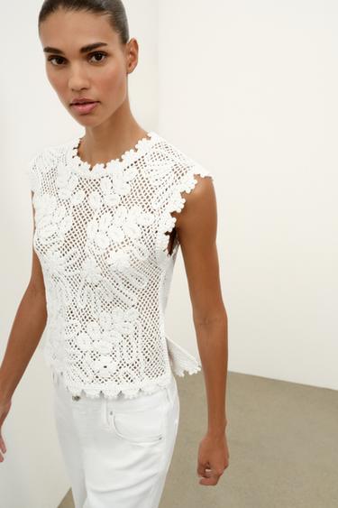Zara CROCHET SLEEVELESS TOP - White
