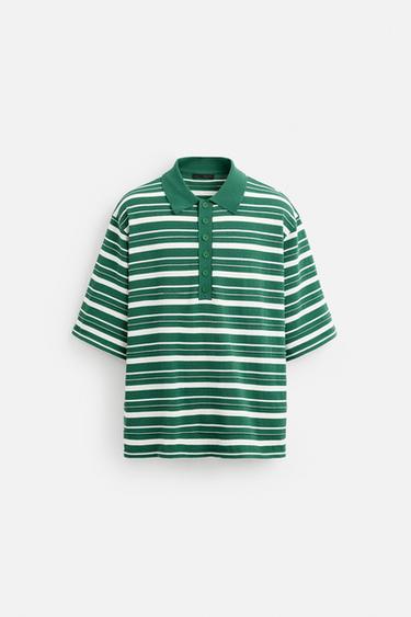 Zara STRIPED TEXTURED KNIT POLO SHIRT - Green