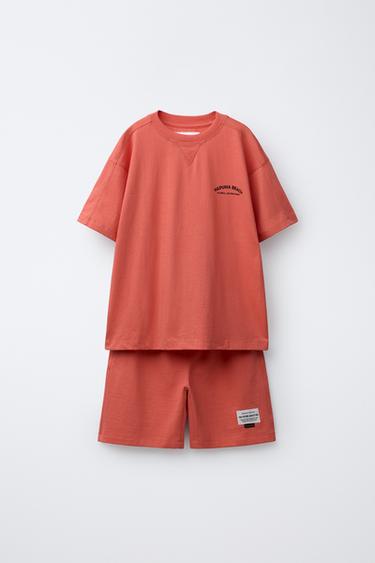 T-SHIRT AND BERMUDA SHORTS SET WITH SLOGAN PRINT - Coral by Zara - Image 0