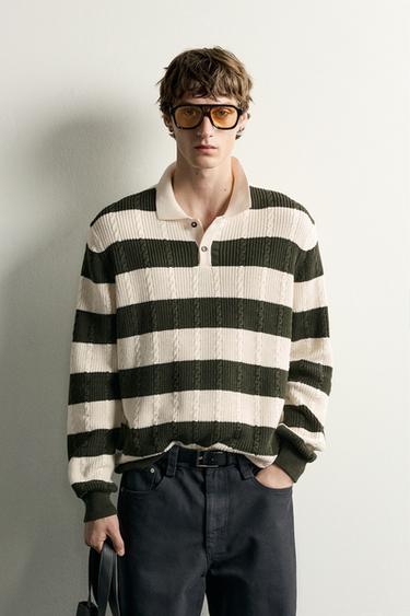 Zara STRIPED REGULAR FIT POLO SHIRT - Green / Ecru