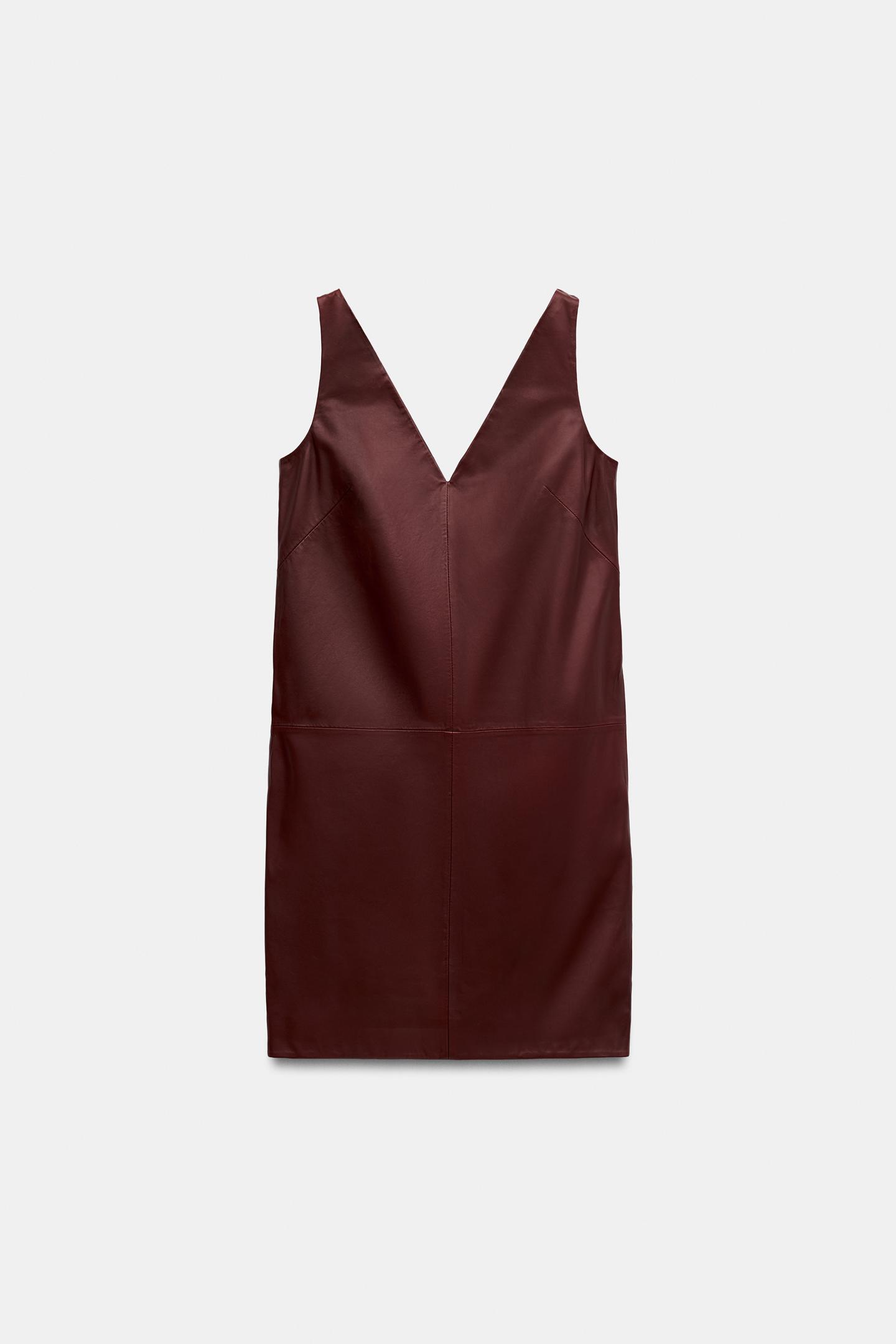 Женское платье Zara 100% Leather MIDI Dress ZW Collection, цвет: Бордовый — фото 5