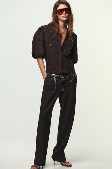 Zara PUFF SLEEVE SHIRT WITH PERFORATED EMBROIDERY - Brown - Image 0