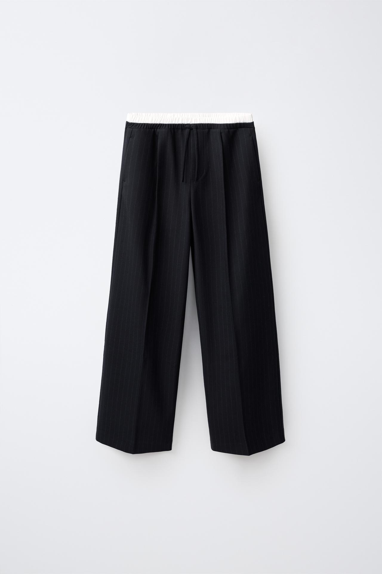 DOUBLE-WAISTBAND WIDE-LEG PANTS — Navy blue
