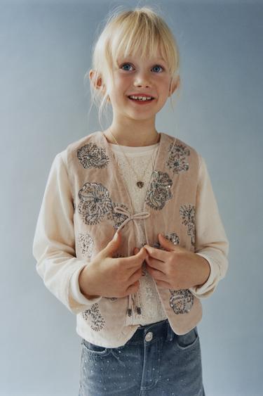 Zara 刺繡亮片天鵝絨背心 - 嫩粉色